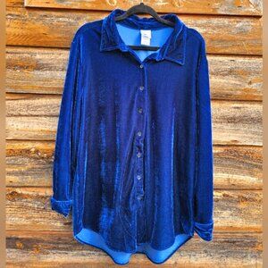 JMS Plus/Oversized Soft Velour/Velvet Collar Button Up Top Blouse Deep Blue